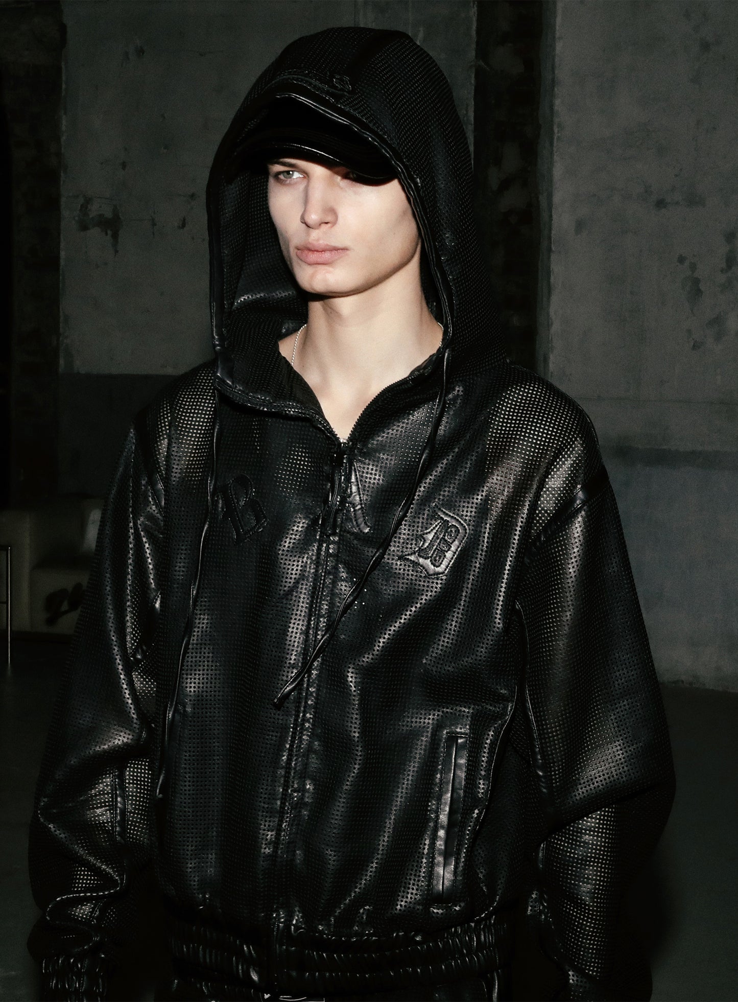Perforated Leather Hooded Zip-Up - Black