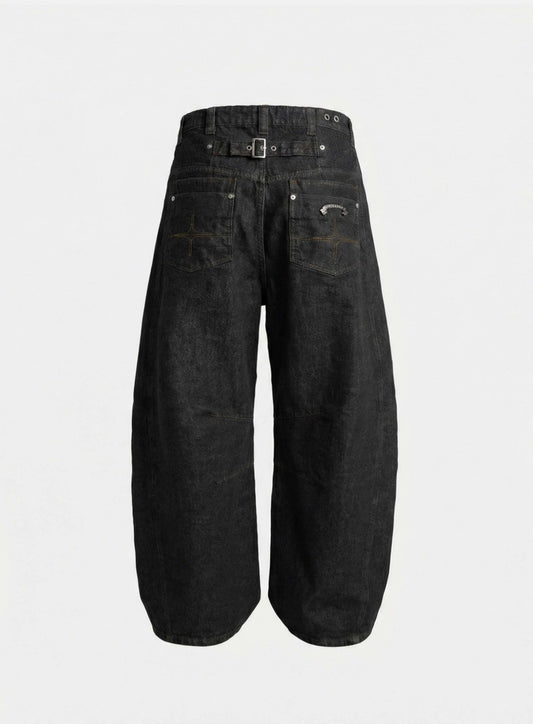 [w-pts26-063] Selvedge Cinch-Back Curved Fit Pants - Black