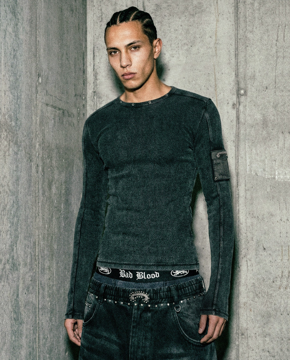 [w-tee26-003] Viper Cotton Rib Round Neck Long Sleeve - Black