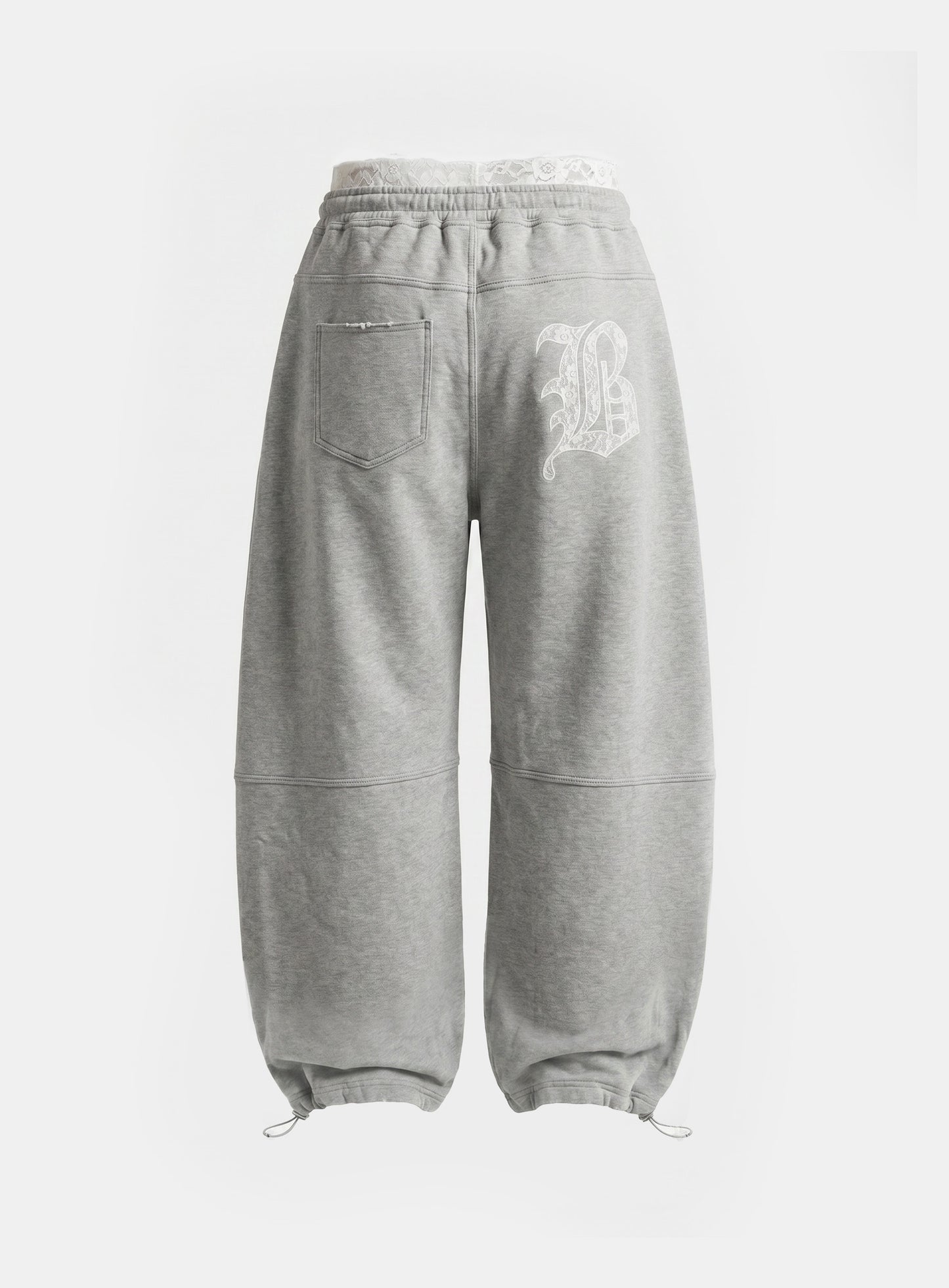 [w-pts26-104] Lace Layered Destroyed Curved Joggers - Gray