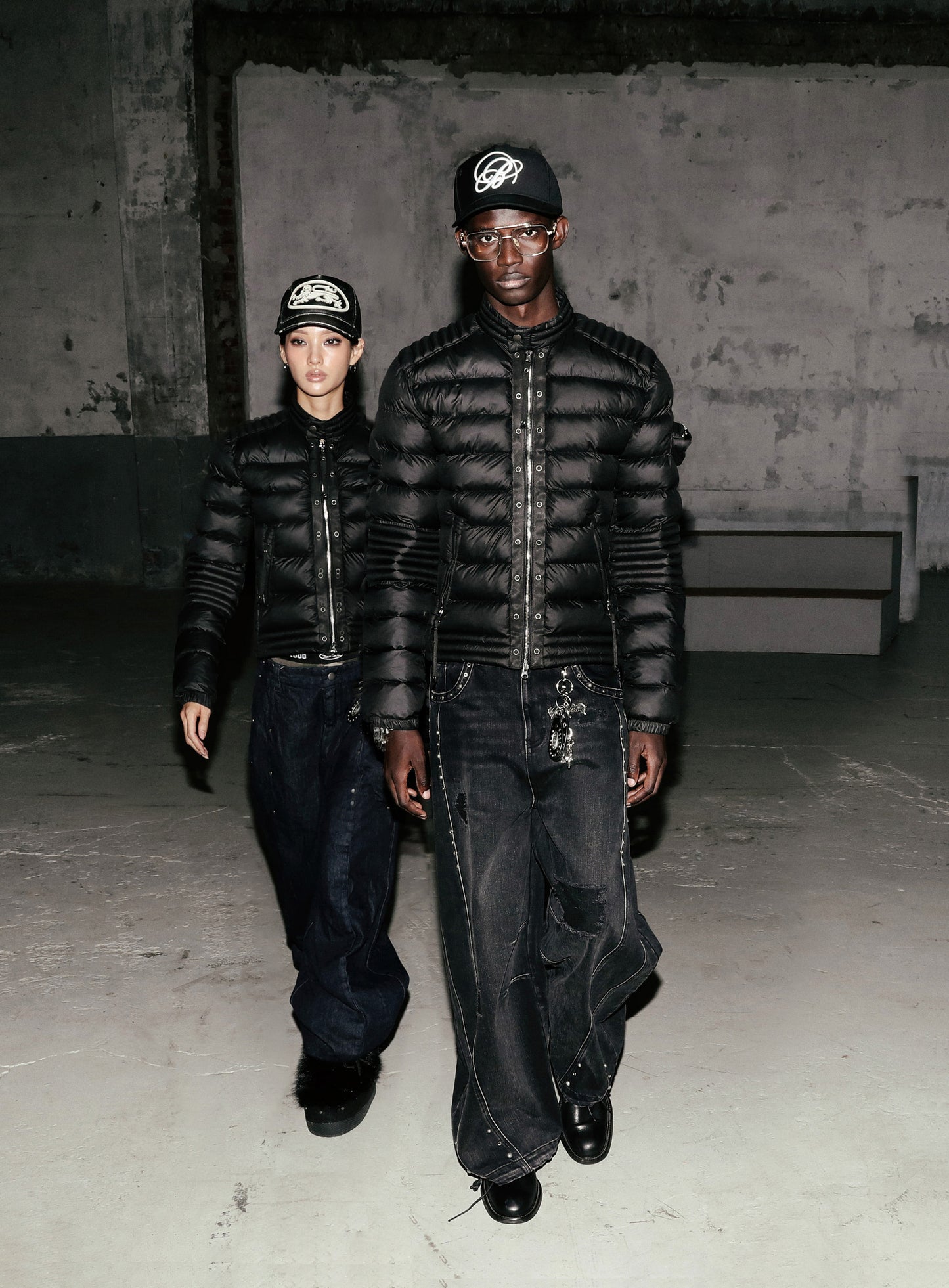 [w-pts25-080] Line Studded Curved Denim Pants - Black