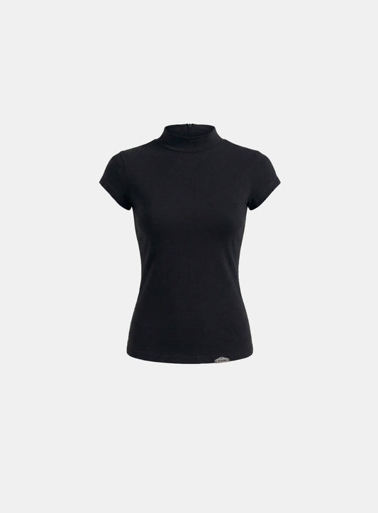 [w-tee26-068] Viper Logo Mock-Neck Cap Sleeve - Black