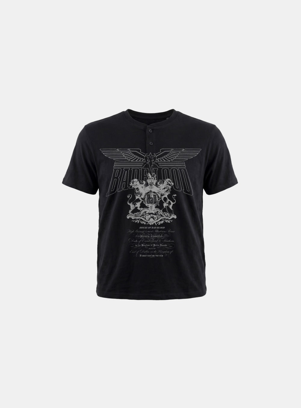 [w-tee26-170] Lion Crest Print 1/2 Henley T-Shirt - Black