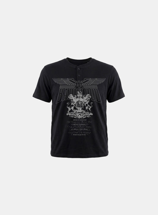 [w-tee26-170] Lion Crest Print 1/2 Henley T-Shirt - Black