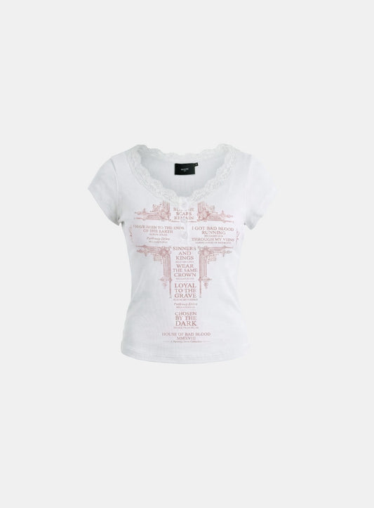 [w-tee26-240] Loyal Cross Lace Neck 1/2 Henry T-shirt - White