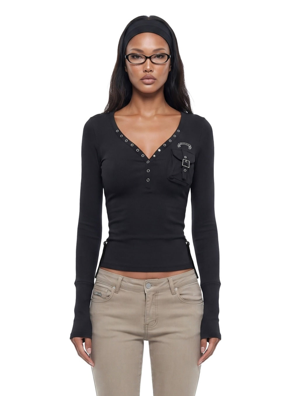 [w-tee26-257] Delta 2 Utility Cotton Rib Henley Neck Long Sleeve - Black