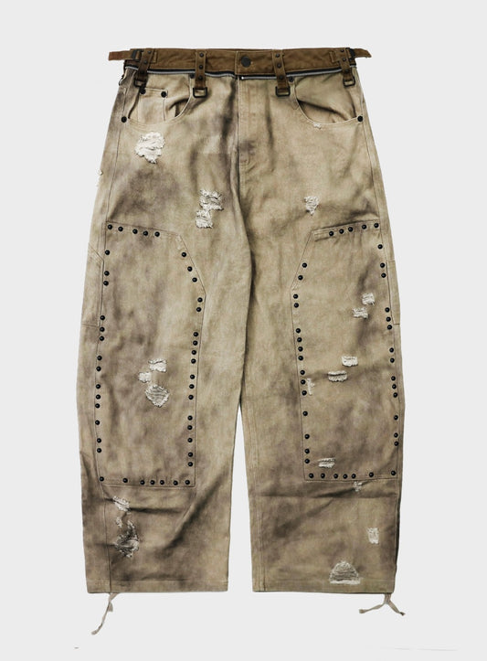 [w-pts25-081] Studded Carpenter Curved Pants - Beige