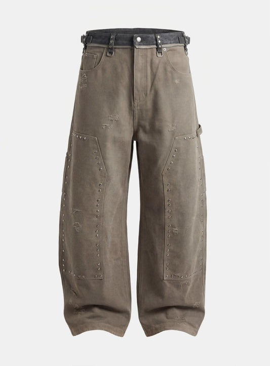 [w-pts25-081] Studded Carpenter Curved Pants - Beige