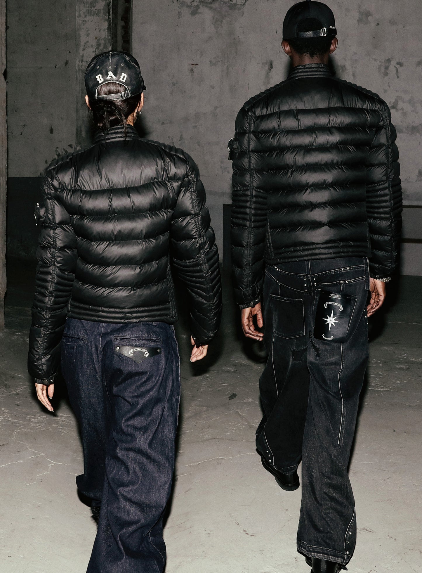 [w-pts25-080] Line Studded Curved Denim Pants - Black