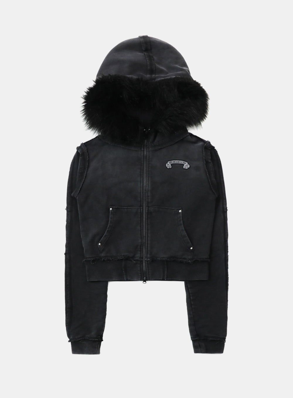 [w-hde25-080] Low Edge Detachable Fur Hooded Zip-Up Slim Fit - Washed Black