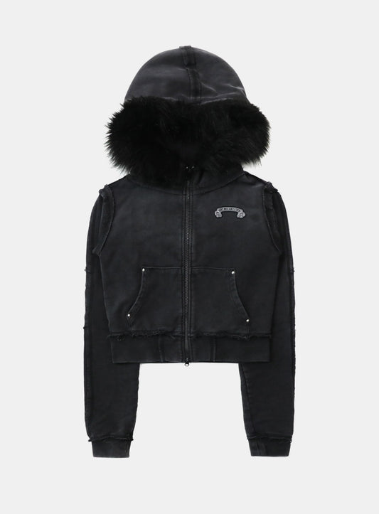 [w-hde25-080] Low Edge Detachable Fur Hooded Zip-Up Slim Fit - Washed Black