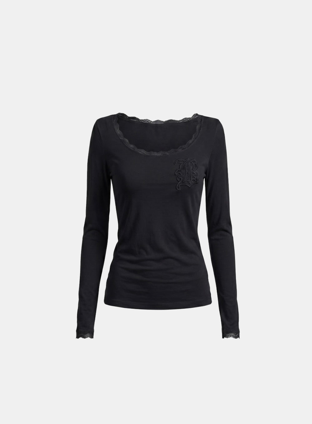 [w-tee26-177] Lace Layered Loose-Fit Long Sleeve T-Shirt - Black