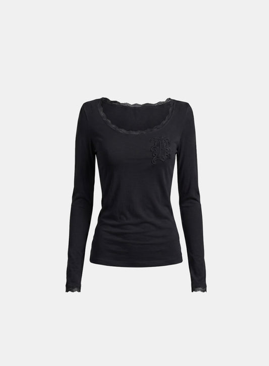 [w-tee26-177] Lace Layered Loose-Fit Long Sleeve T-Shirt - Black
