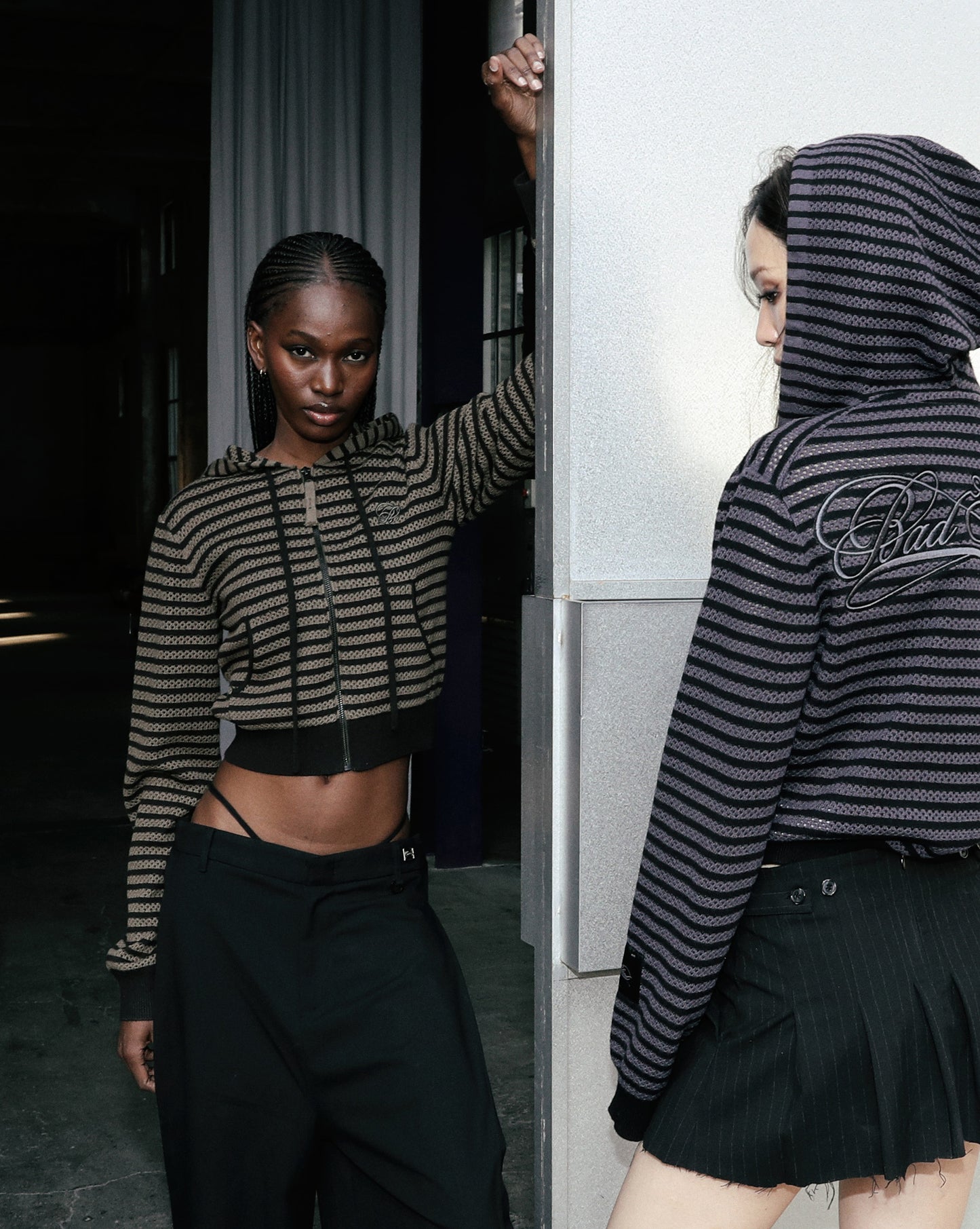 Striped Crochet Knit Hoodie - Charcoal/Black