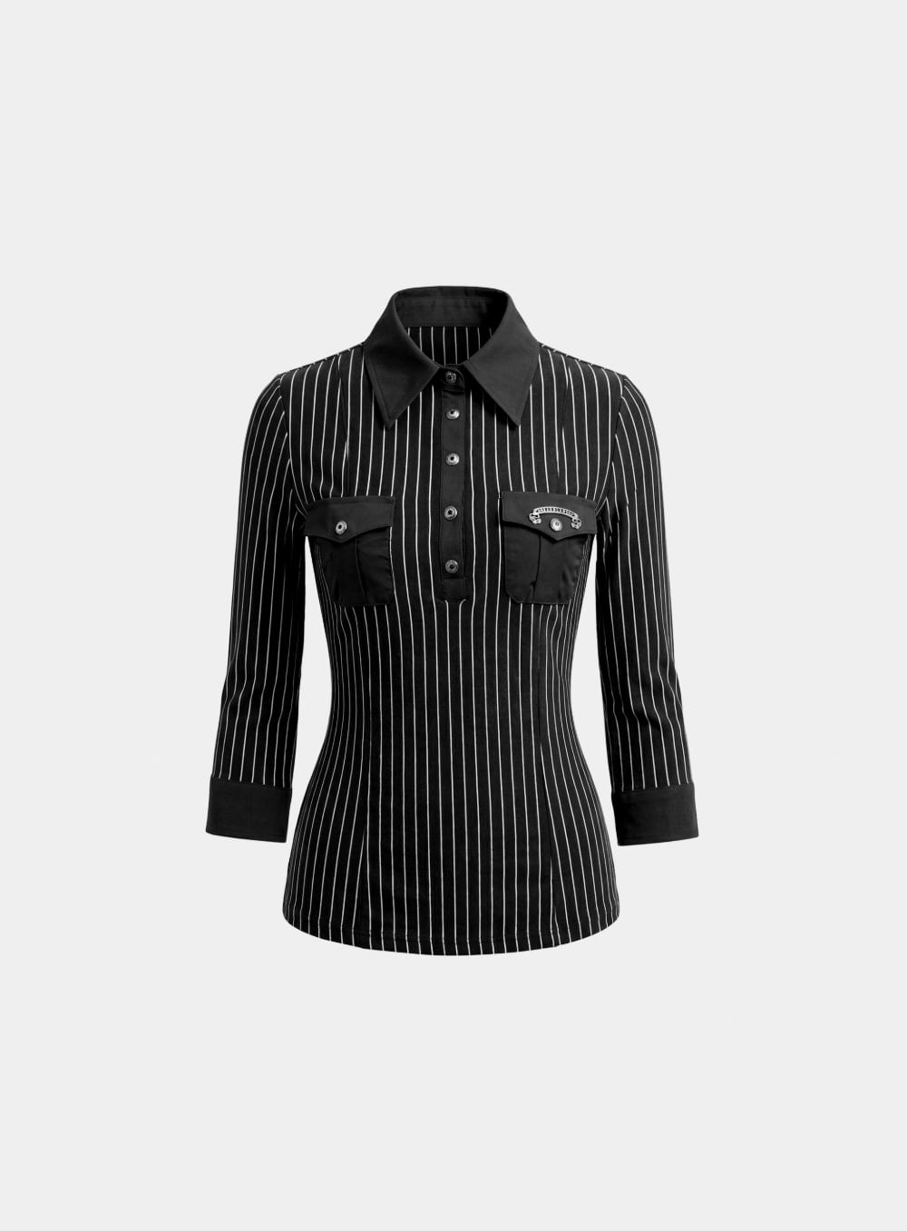 [w-tee26-108] Vintage Jersey Polo 3/4 Sleeve Shirt - Black Stripe