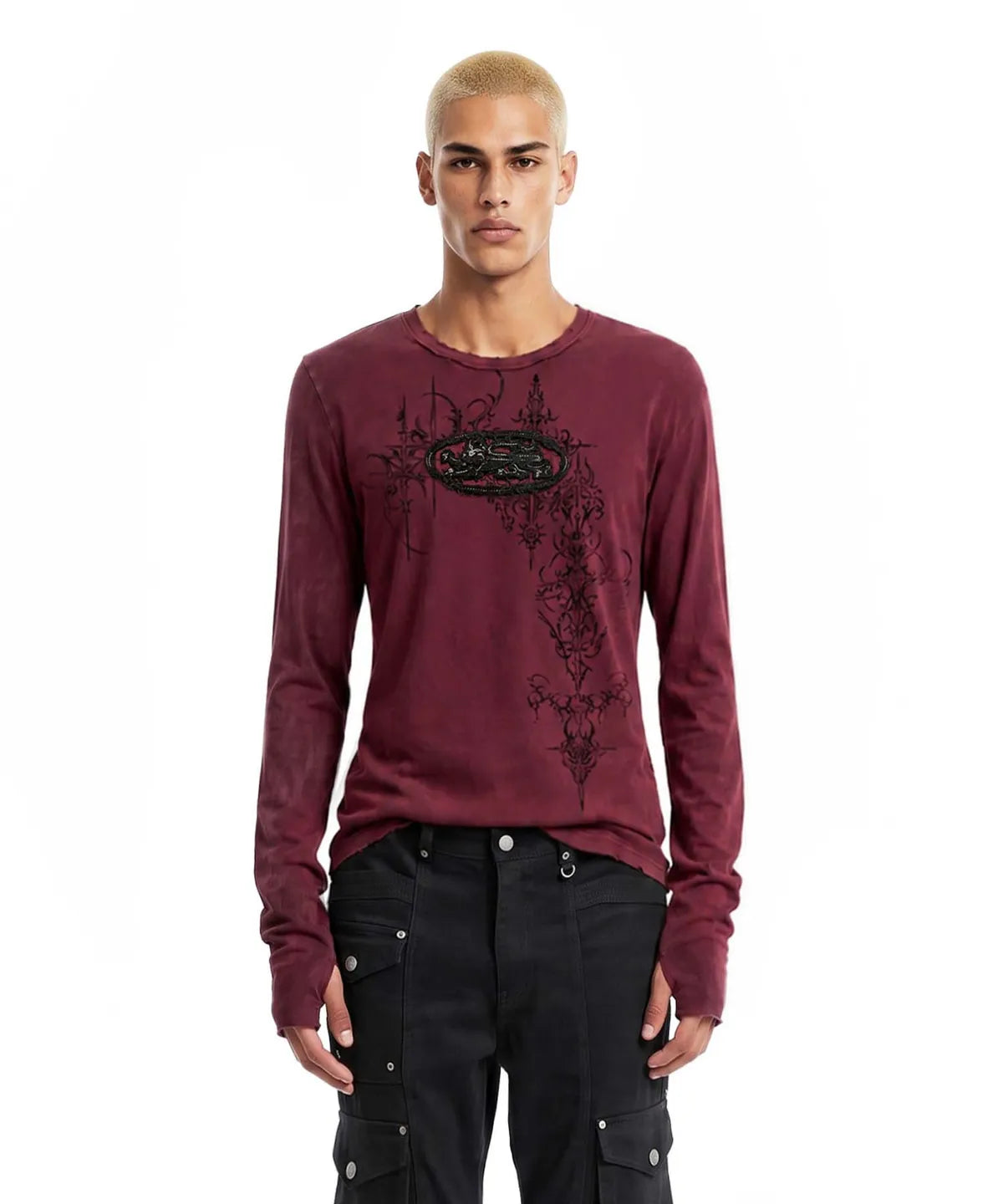 [w-tee26-286] Mystic Capsule Layered Graphic Crewneck Long Sleeve – Burgundy