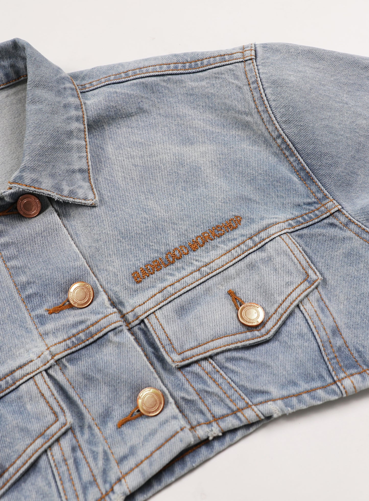 Extra Crop Denim Trucker Jacket - Mid Blue