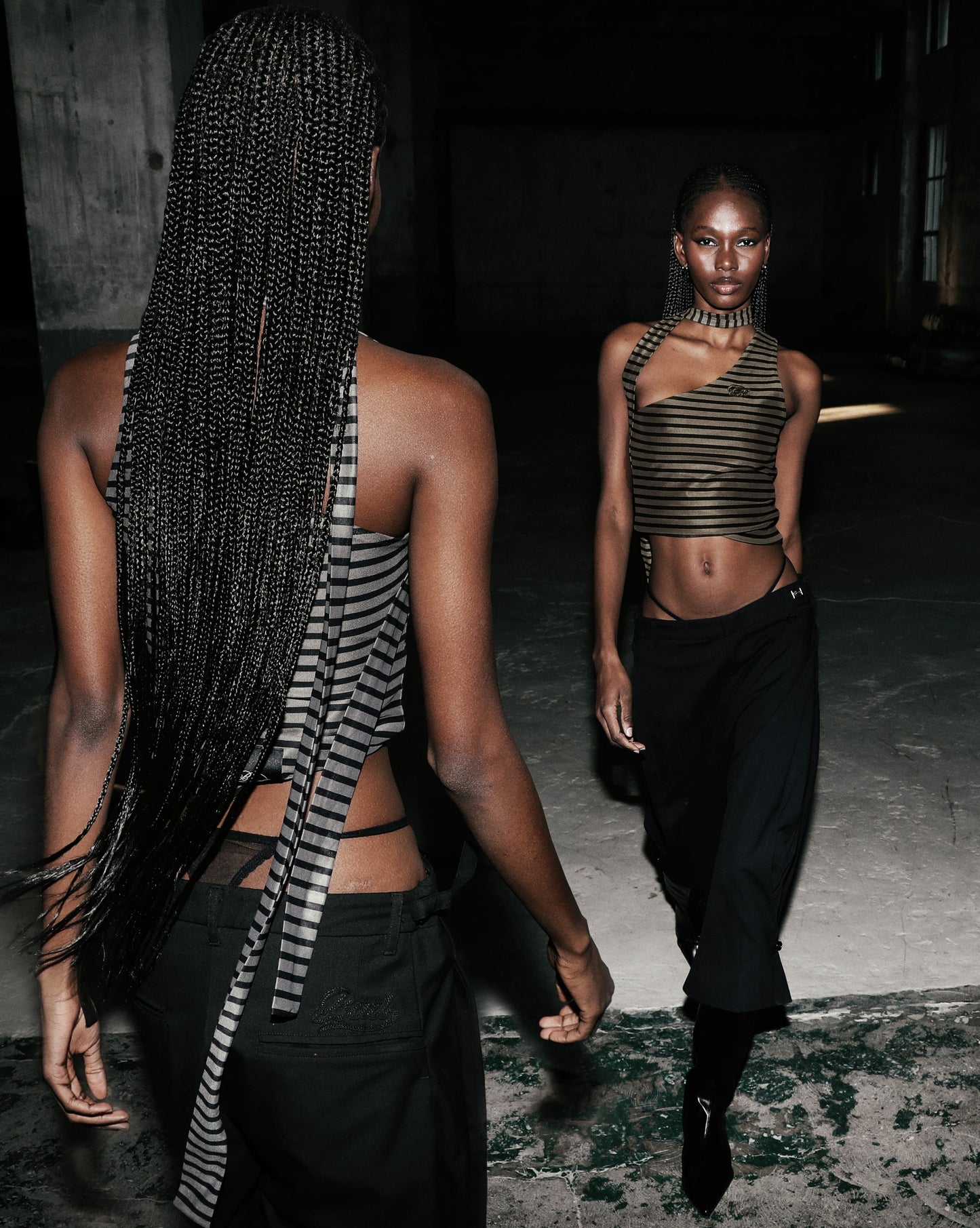 Striped One Shoulder Tank+SCARF - Khaki/Black