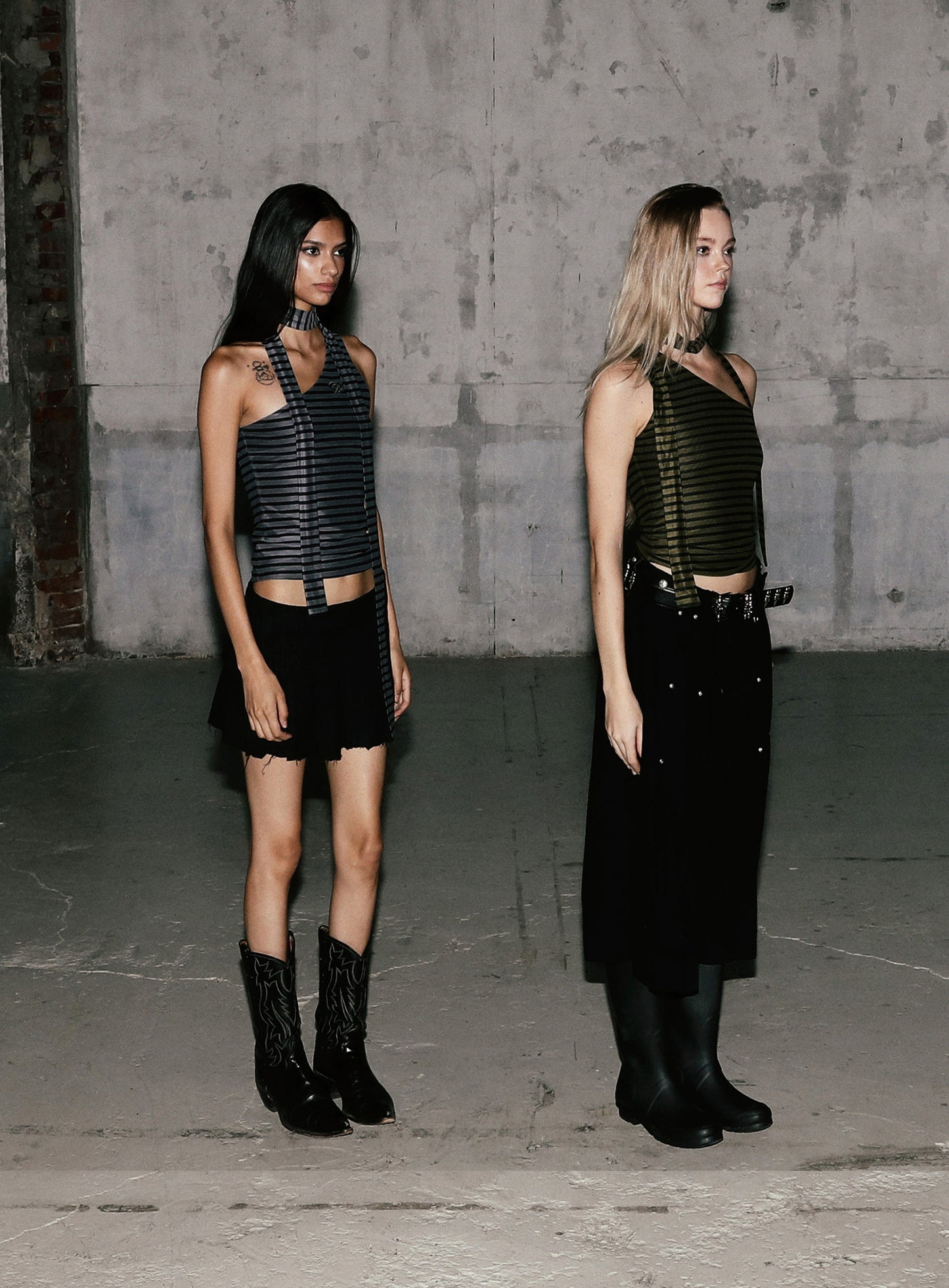 Striped One Shoulder Tank+SCARF - Khaki/Black