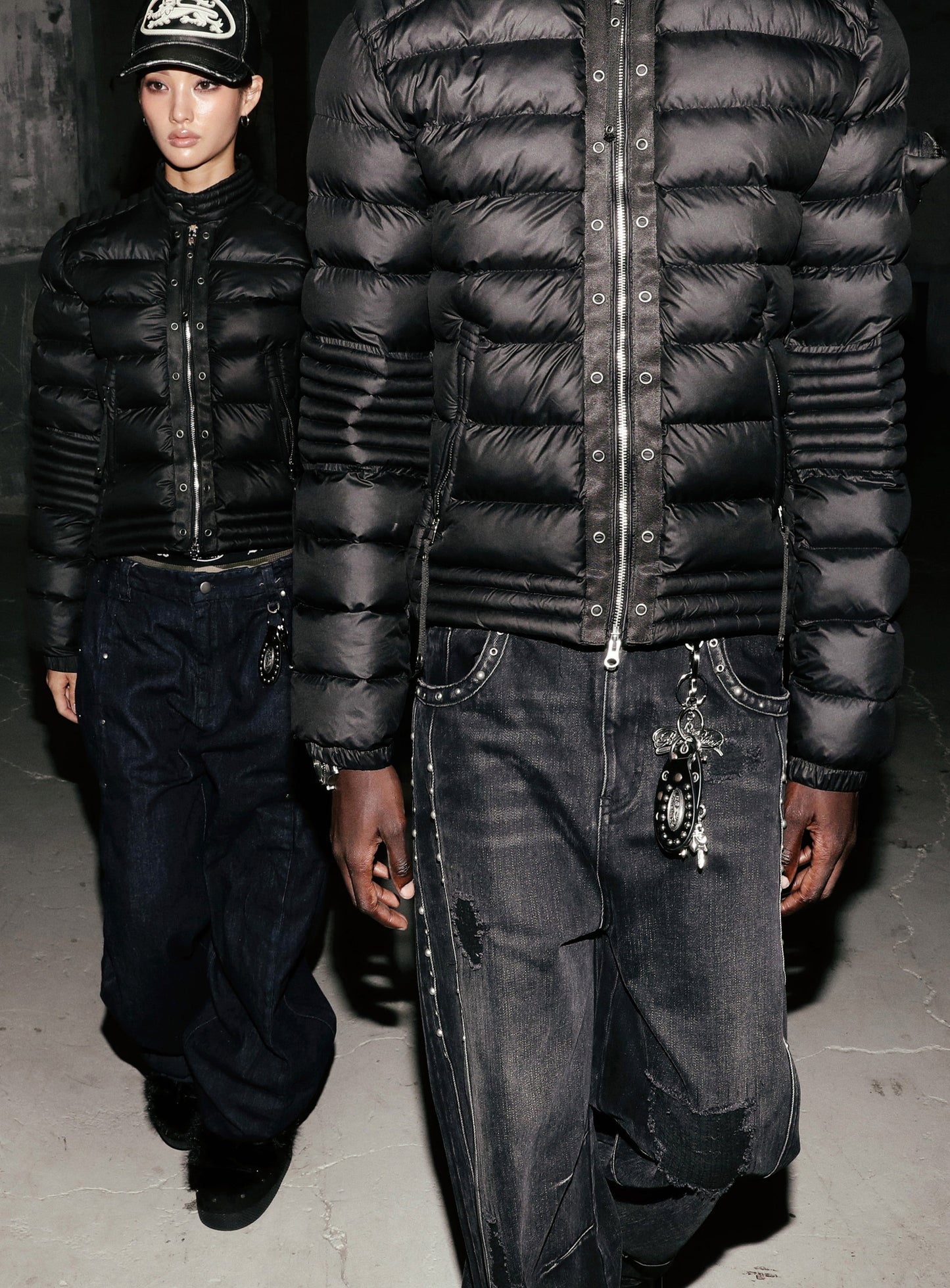 [w-pts25-080] Line Studded Curved Denim Pants - Black