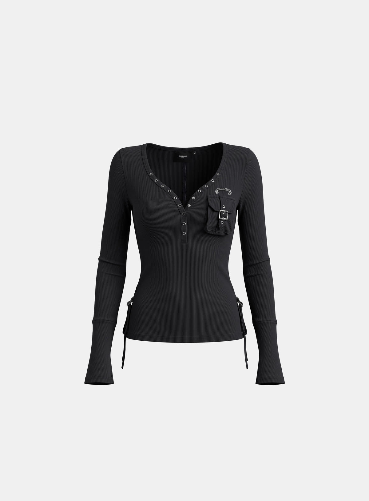 [w-tee26-257] Delta 2 Utility Cotton Rib Henley Neck Long Sleeve - Black