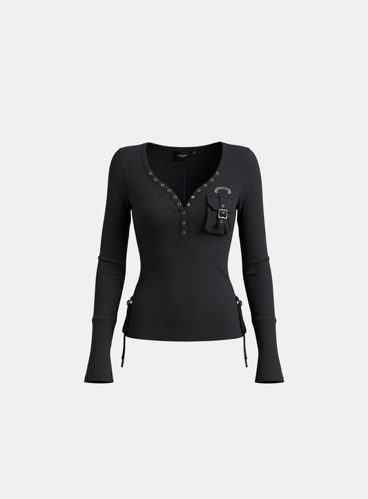 [w-tee26-257] Delta 2 Utility Cotton Rib Henley Neck Long Sleeve - Black