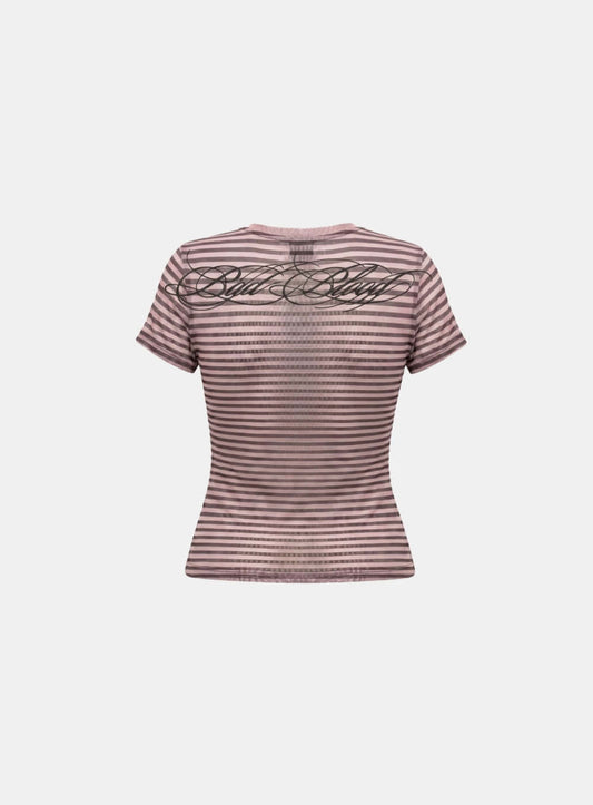 [AQUA] [w-tee26-184] Dark Classic 2 Crew Neck 1/2 T-shirt - Pink Stripe