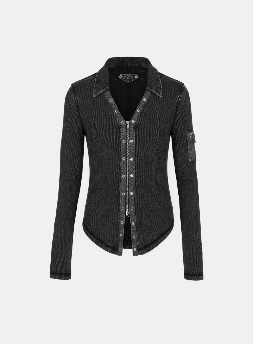[w-cdg26-003] Viper Cotton Rib V-Neck Collared Zip-Up - Black