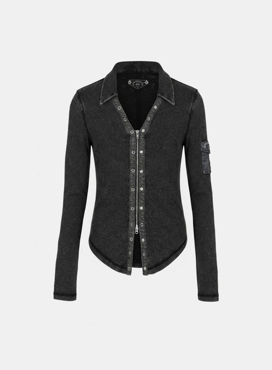 [w-cdg26-003] Viper Cotton Rib V-Neck Collared Zip-Up - Black