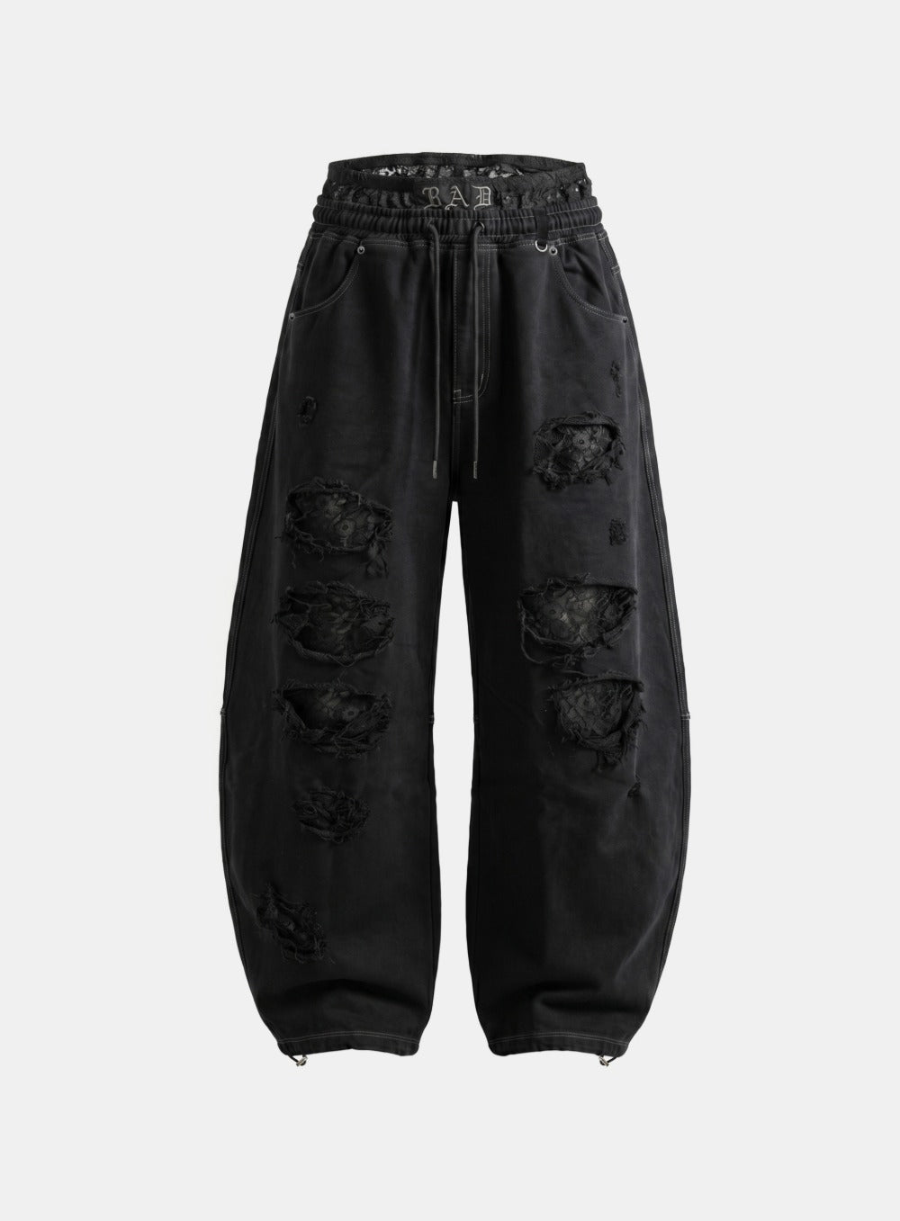[w-pts26-105] Lace Layered Destroyed Joggers - Black