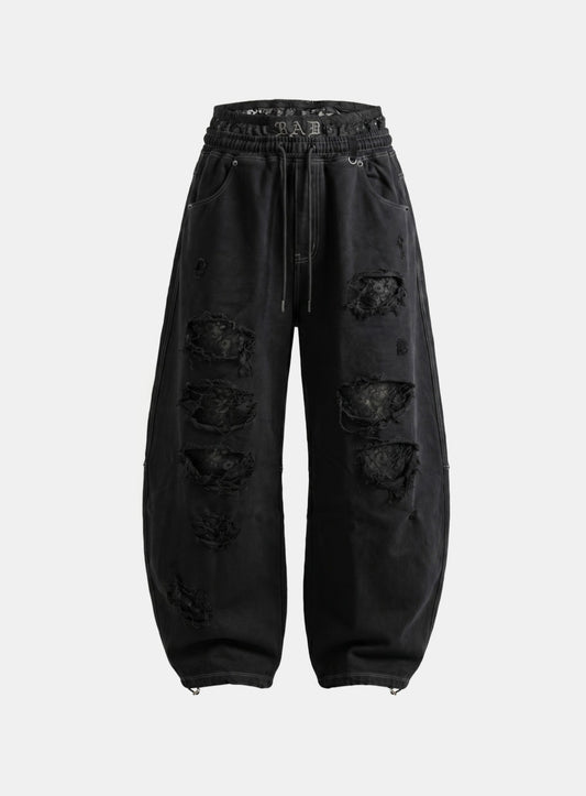 [w-pts26-105] Lace Layered Destroyed Joggers - Black