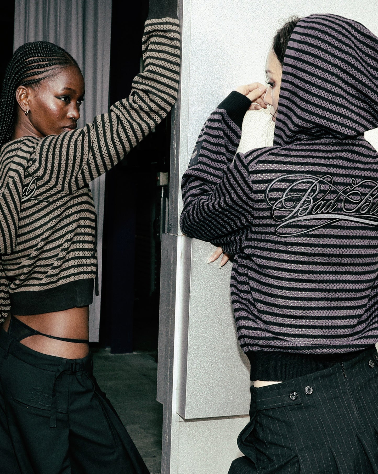 Striped Crochet Knit Hoodie - Charcoal/Black