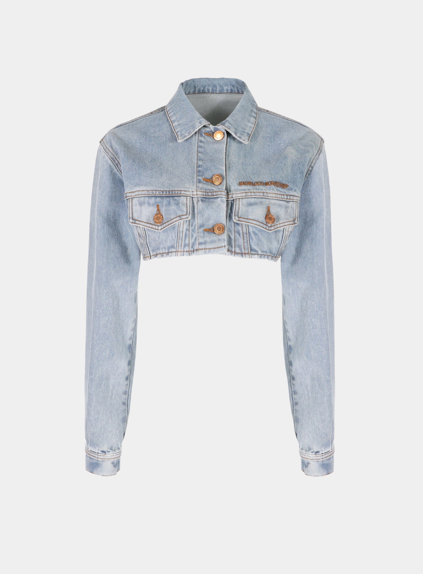 Extra Crop Denim Trucker Jacket - Mid Blue